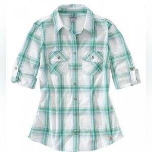 Carhartt Women’s Heron Green White Plaid 3/4 Sleeves Button Down Blouse M 8/10